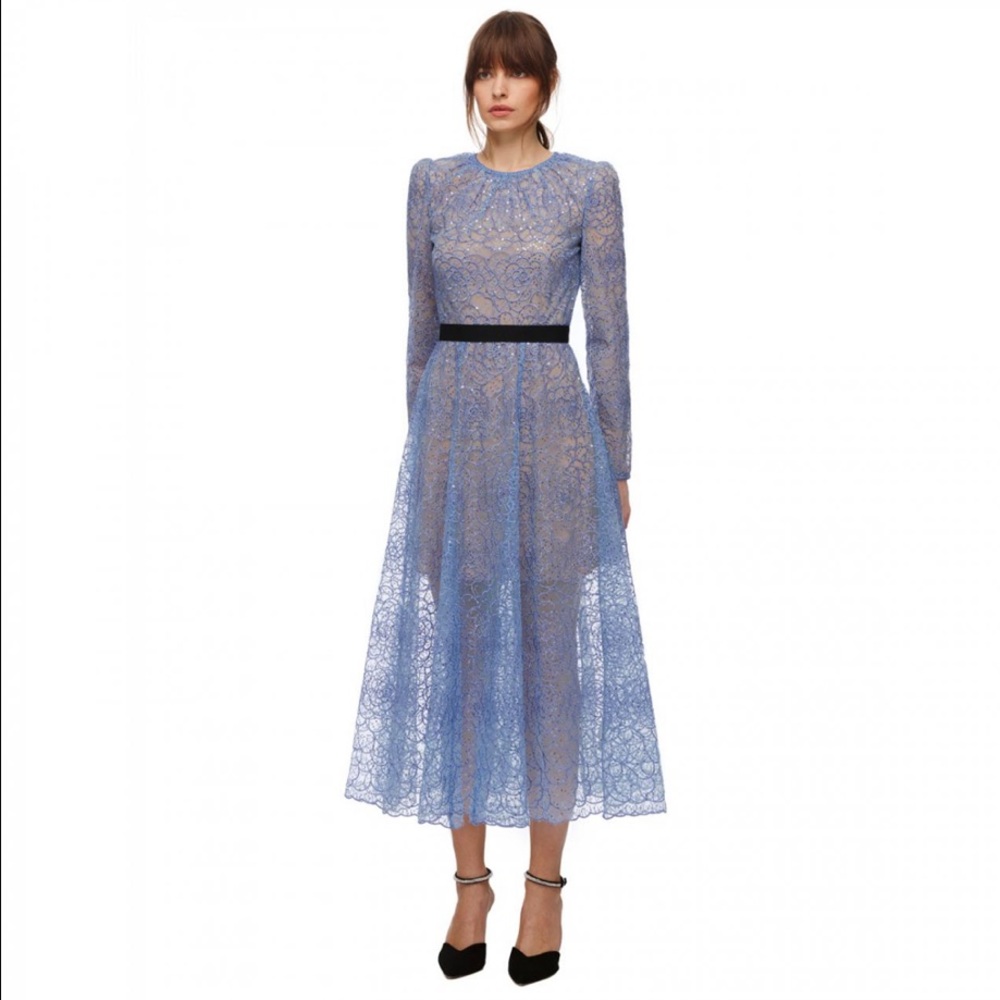 Self-Portrait Blue Flower Sequin Midi Dress